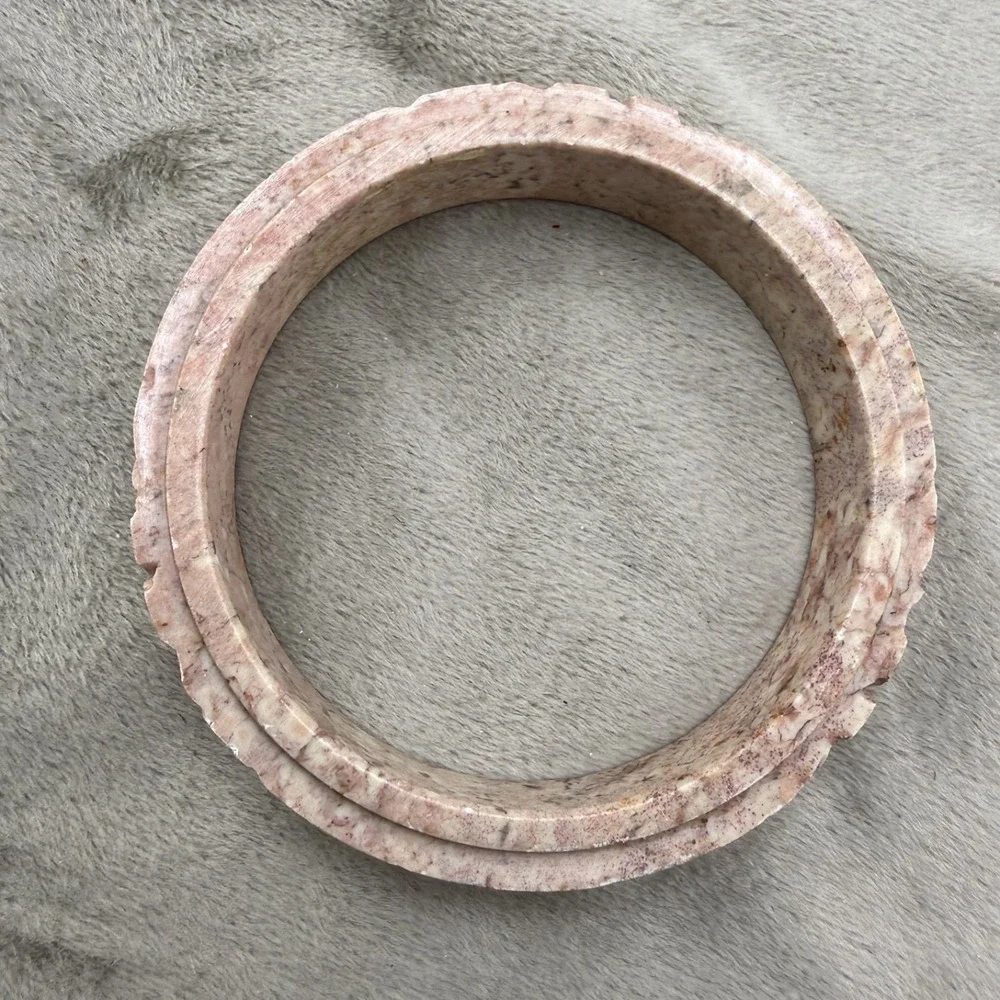 Vintage Bangle Bracelet Carved Polished Stone Pink 8